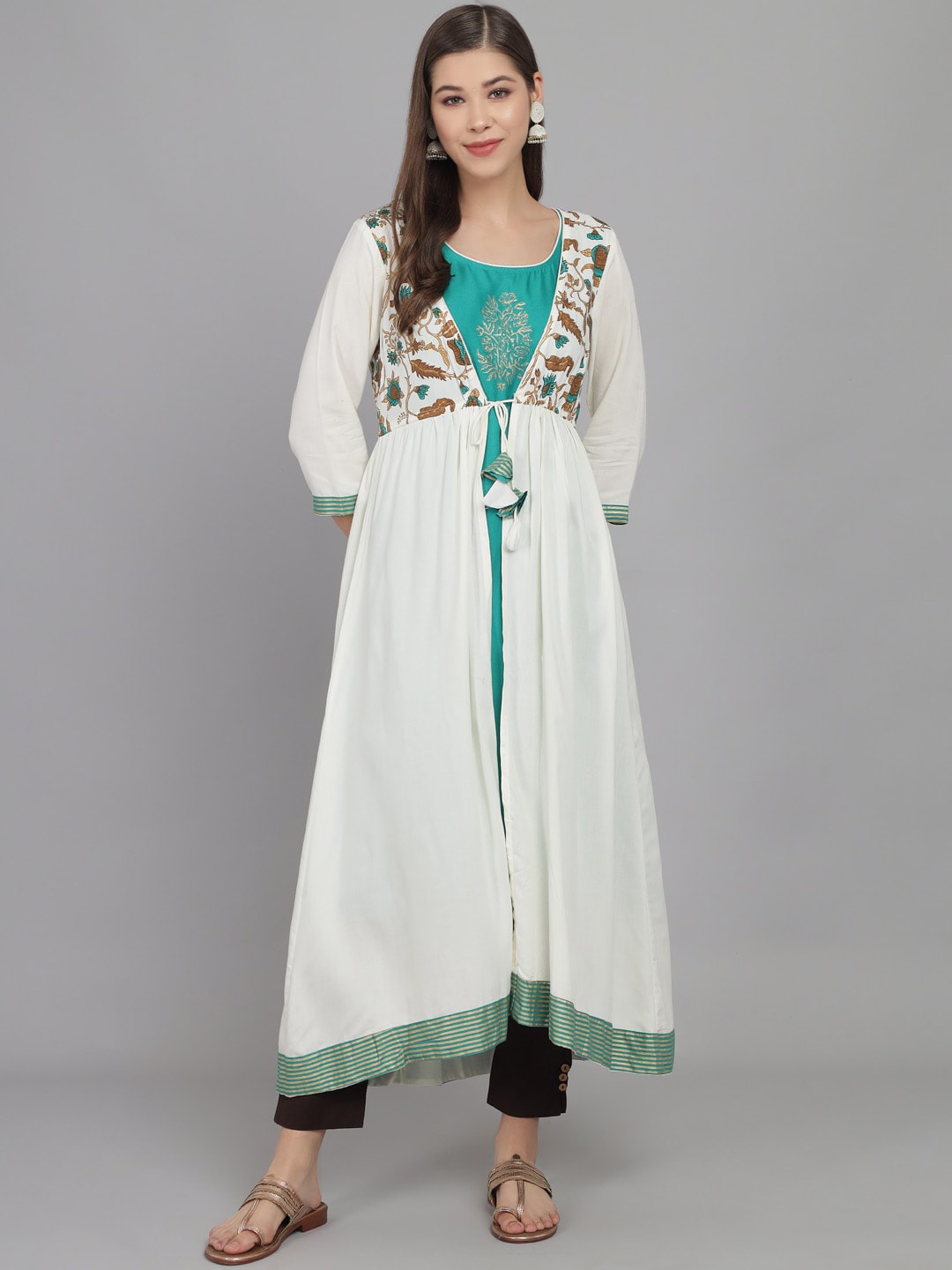 

RANGMAYEE Floral Embroidered Liva Beads And Stones Round Neck Layered A-Line Kurta, Turquoise blue