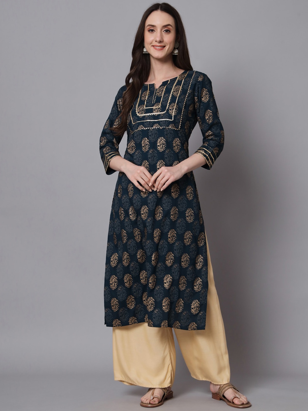 

RANGMAYEE Ethnic Motifs Printed Mirror Work Liva Notched Neck Layered A-Line Kurta, Teal