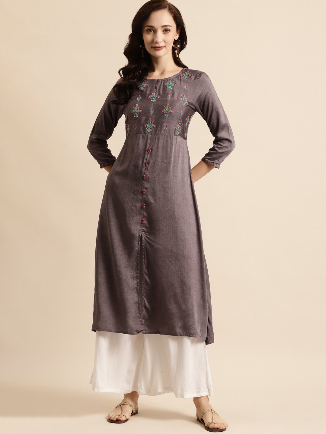 

RANGMAYEE Floral Printed Sequinned Liva Keyhole Neck A-Line Kurta, Mauve