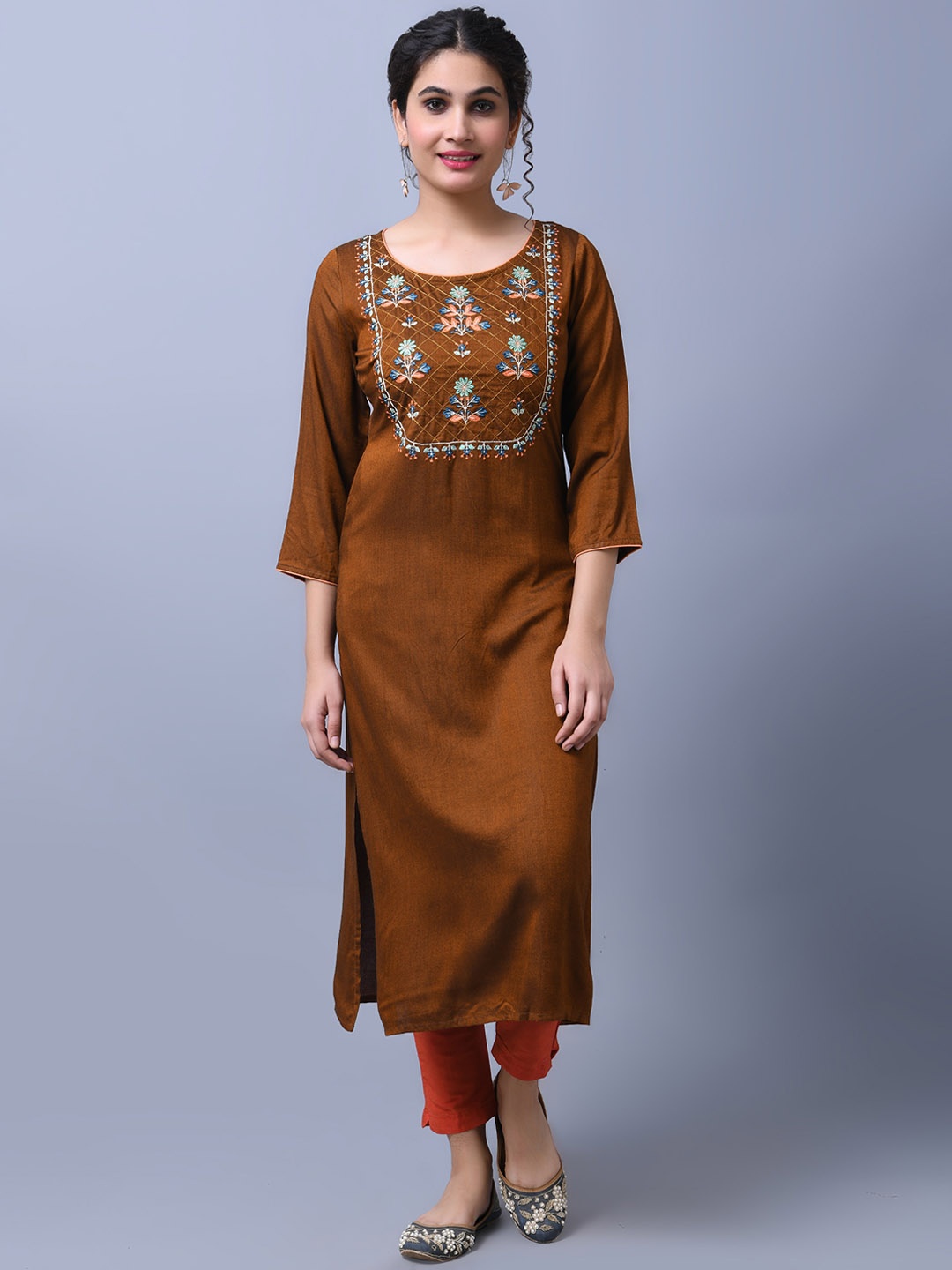 

RANGMAYEE Floral Yoke Design Thread Work Round Neck Liva Straight Kurta, Brown