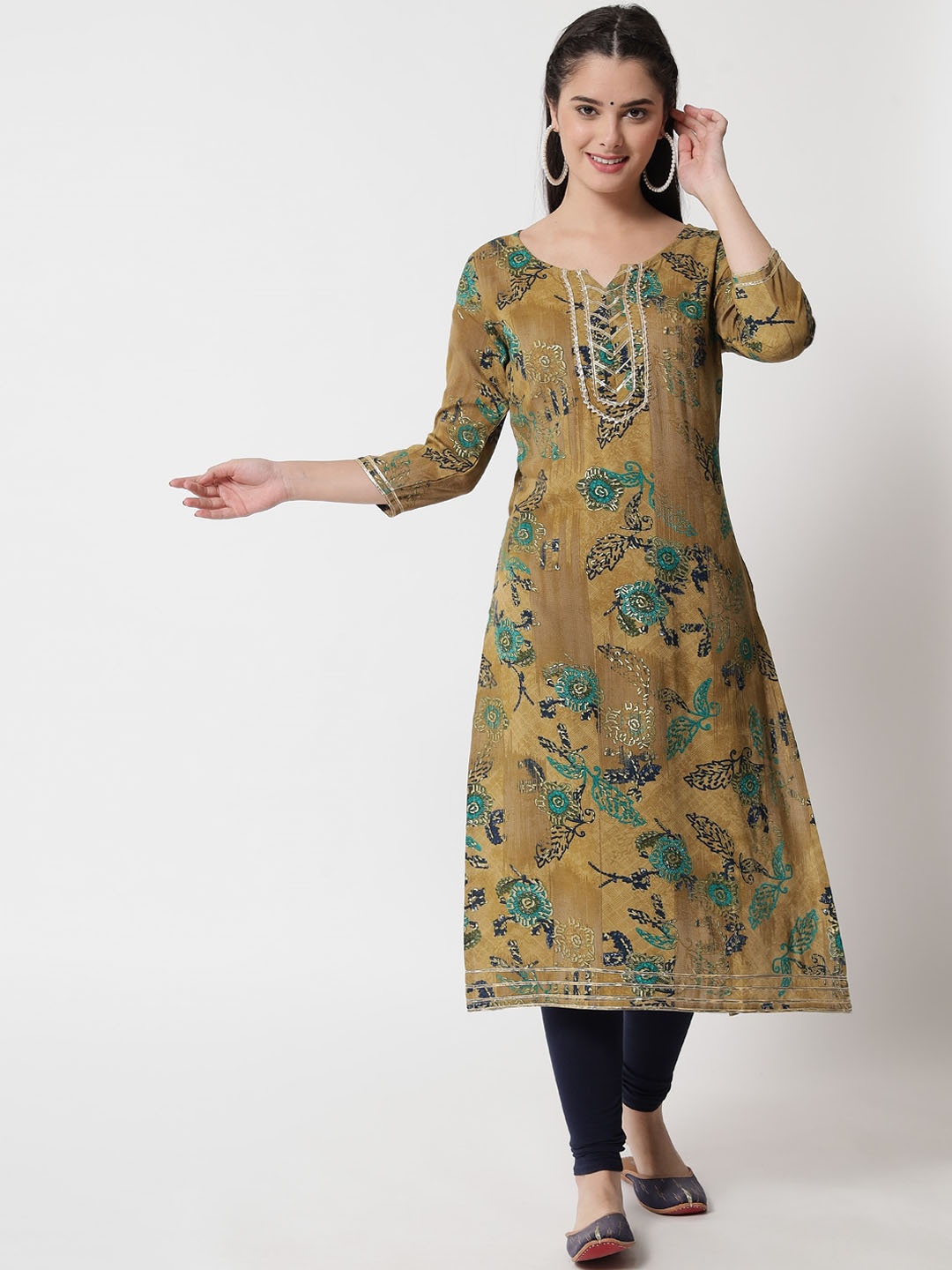 

RANGMAYEE Floral Printed Notched Neck Gotta Patti Liva Straight Kurta, Beige