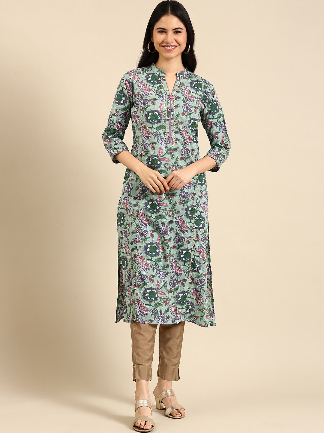 

RANGMAYEE Floral Printed Sequinned Cotton Mandarin Collar Straight Kurta, Green