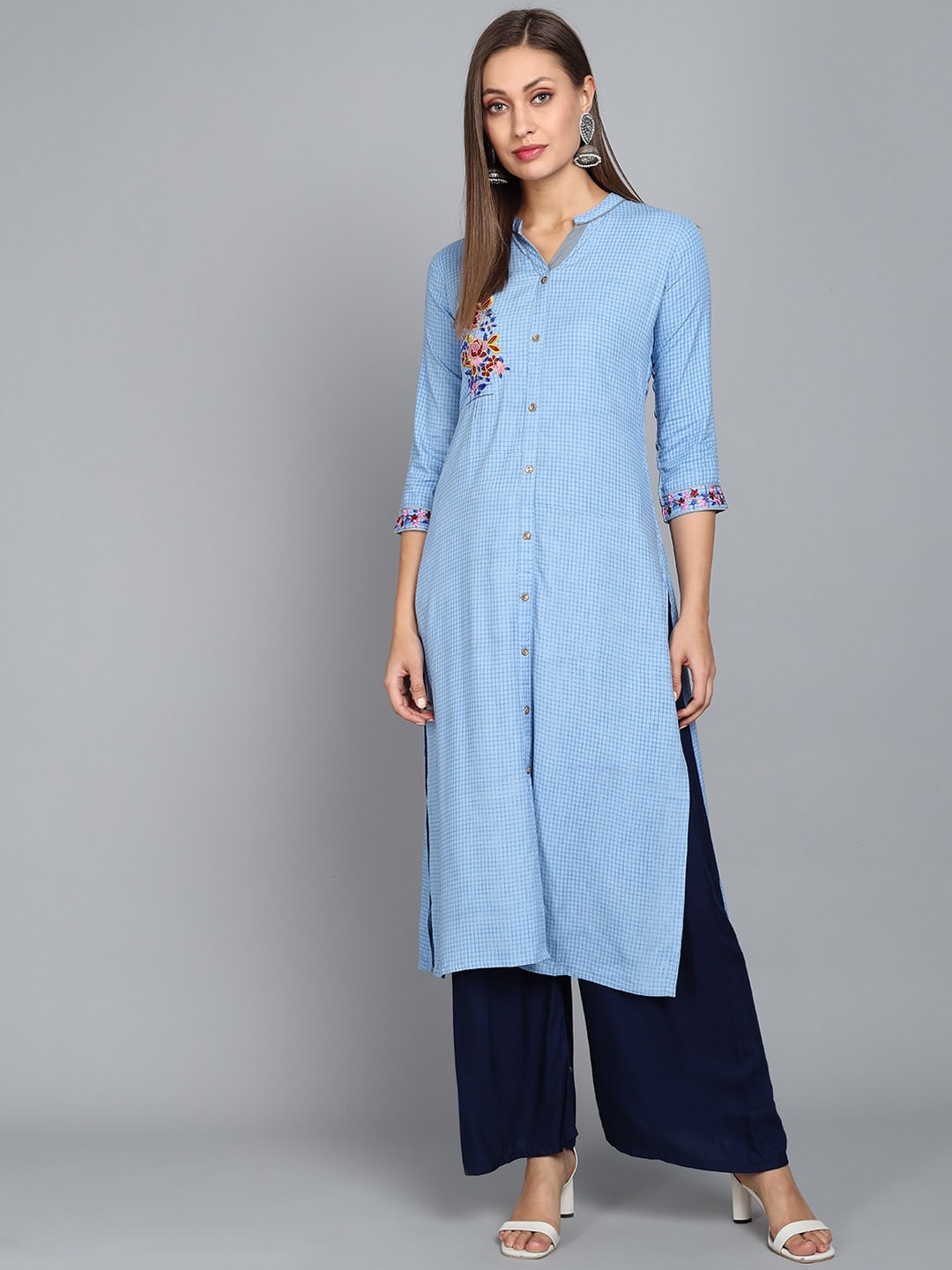 

RANGMAYEE Checked Thread Work Liva Mandarin Collar Straight Kurta, Blue