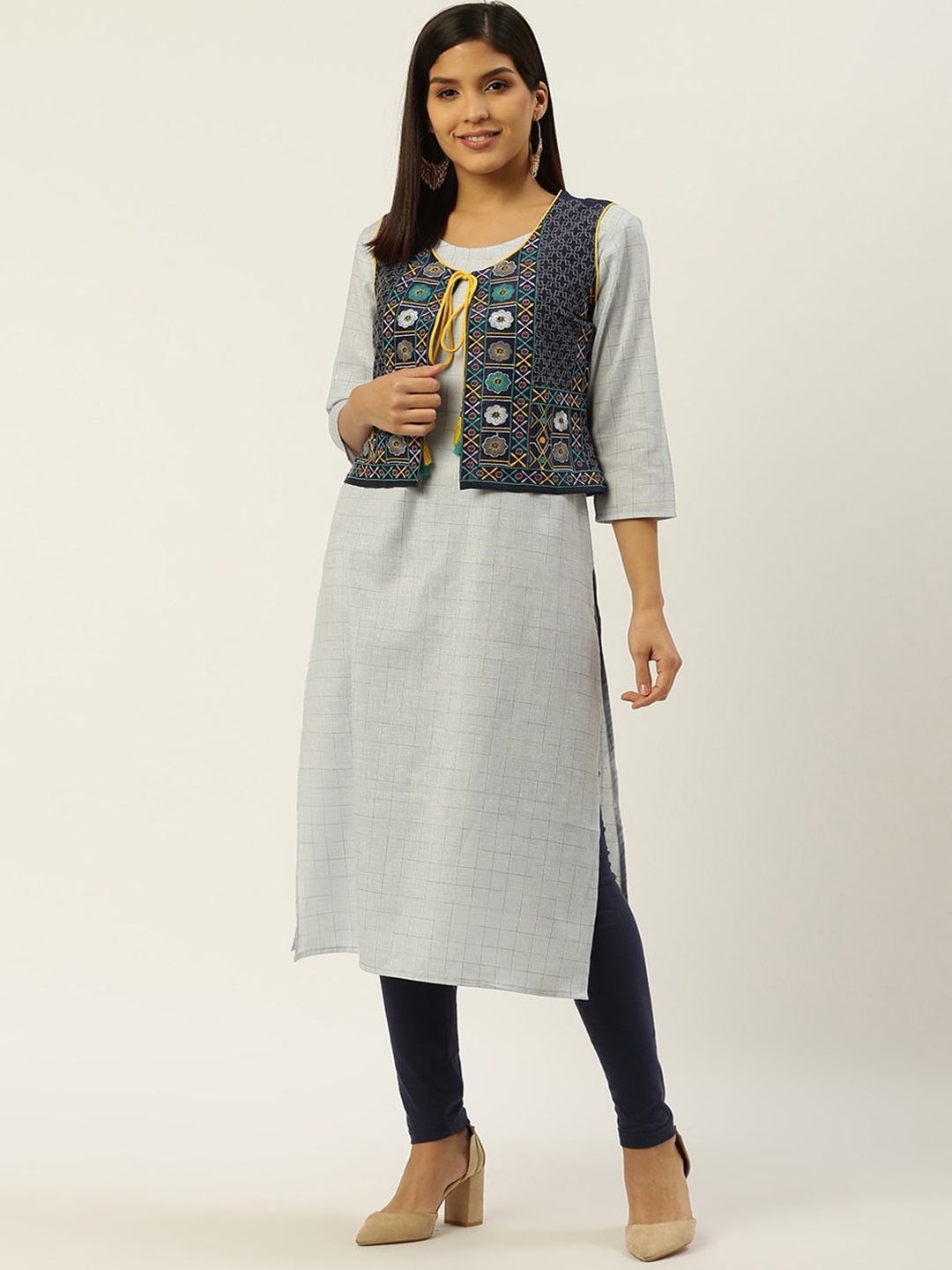 

RANGMAYEE Checked Round Neck Cotton Kurta with Embroidered Jacket, Blue