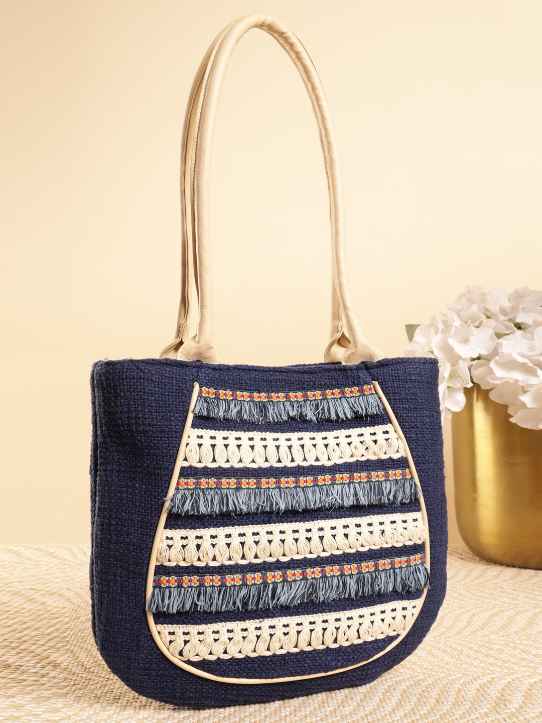 

DEEBACO Self Design Oversized Bucket Boho Style Tote Bag, Blue