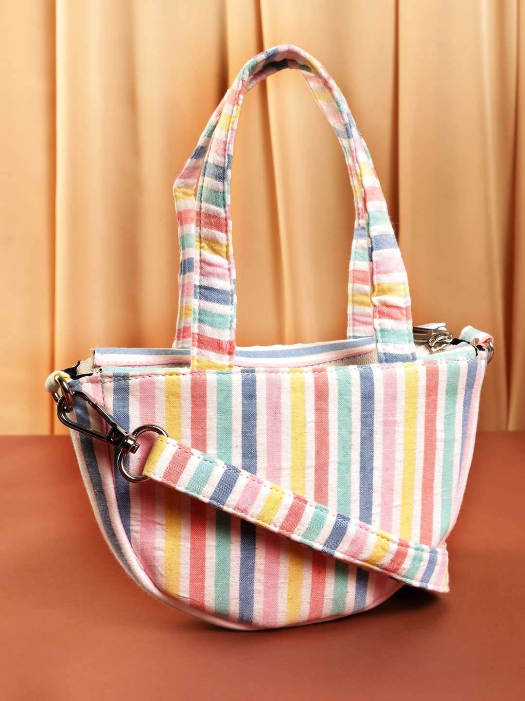 

DEEBACO Striped Shopper Cotton Shoulder Bag, White