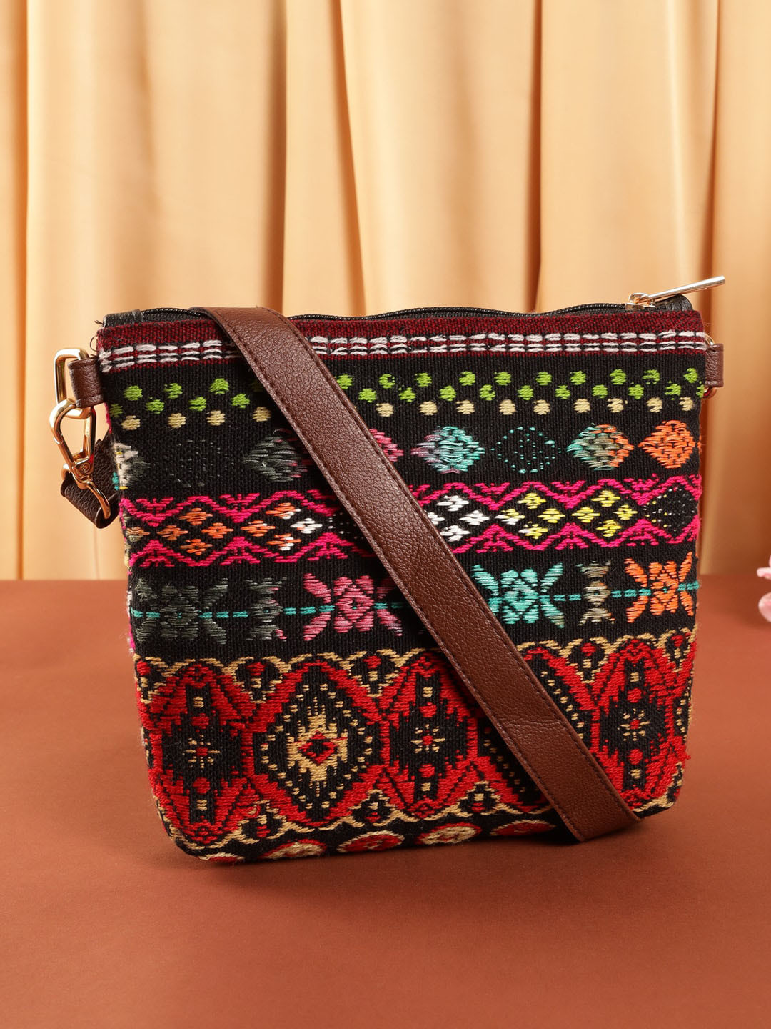 

DEEBACO Embroidered Structured Sling Bag, Black