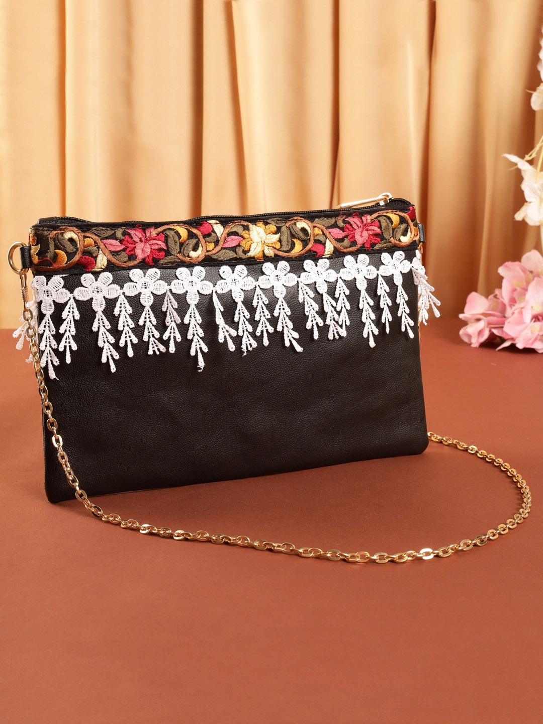 DEEBACO Embroidered Structured Sling Bag, Black