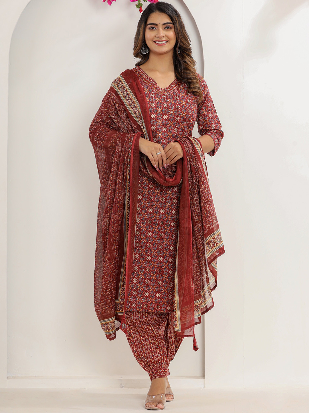 

KALINI Floral Printed Regular Thread Work Pure Cotton Kurta With Salwar & Dupatta, Maroon