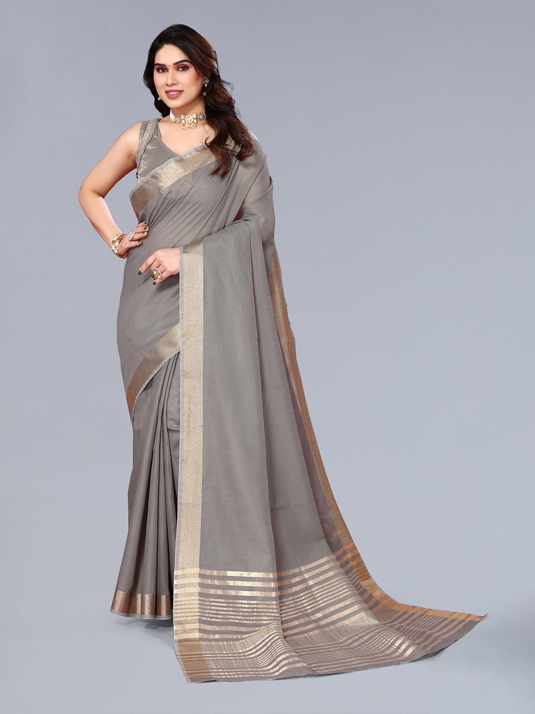 

VASTRA-THE FACTORY STORE Zari Border Saree, Grey