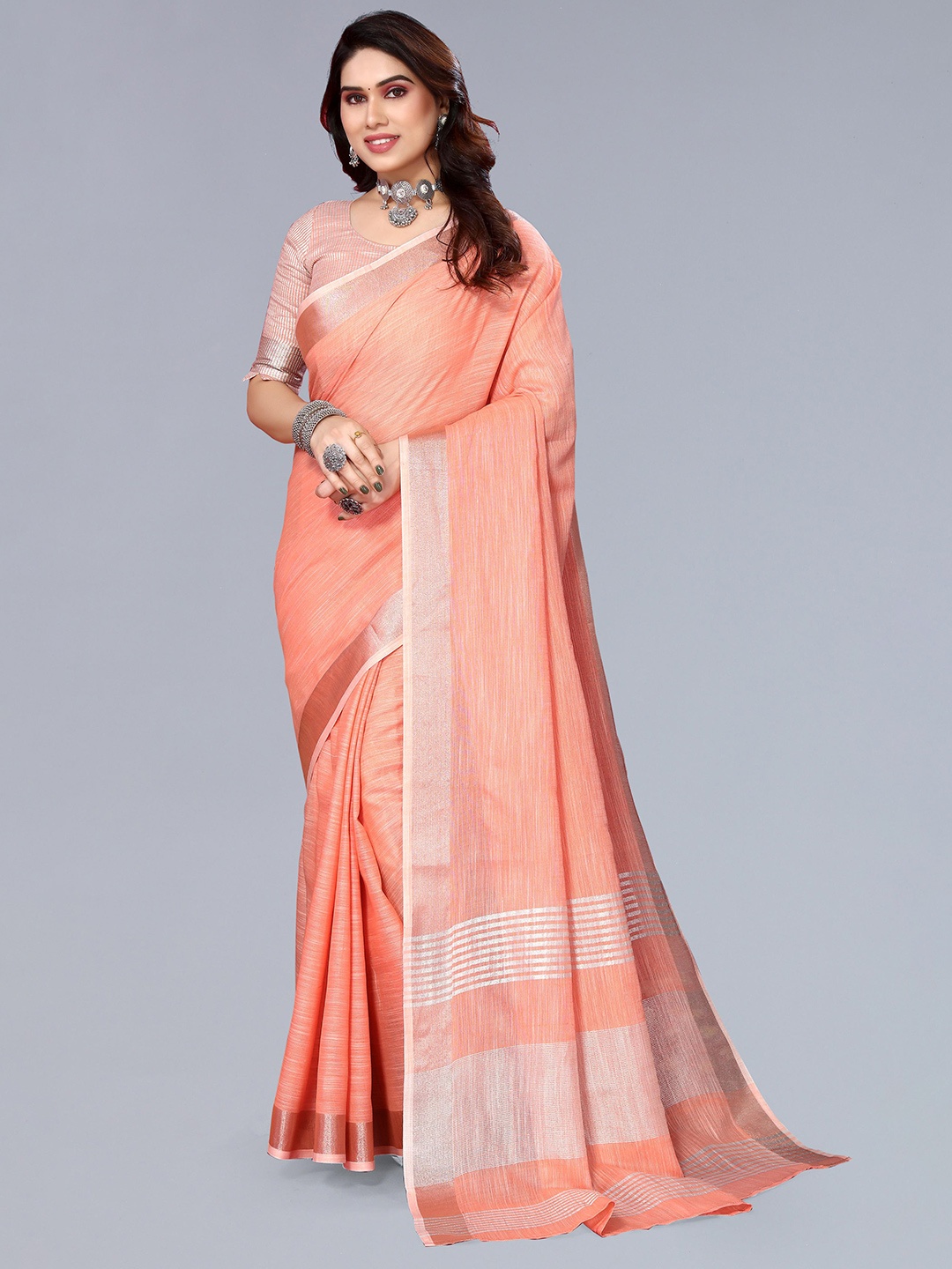 

VASTRA-THE FACTORY STORE Zari Border Saree, Peach