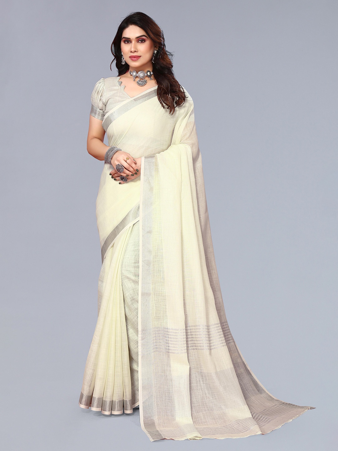 

VASTRA-THE FACTORY STORE Zari Border Saree, Cream