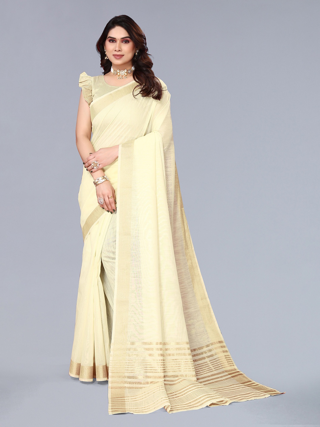 

VASTRA-THE FACTORY STORE Woven Design Zari Border Saree, Cream