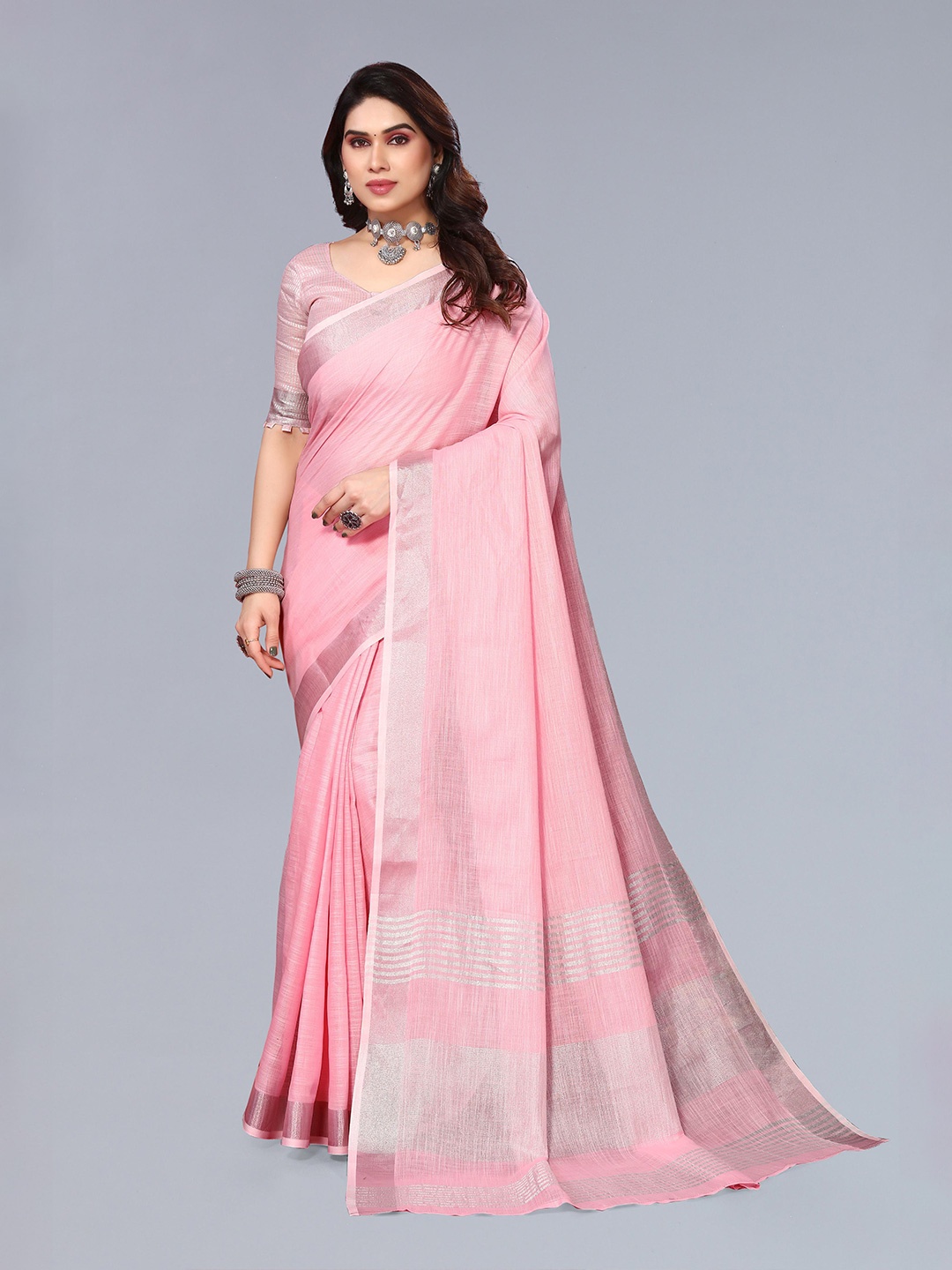 

VASTRA-THE FACTORY STORE Woven Design Zari Border Saree, Peach