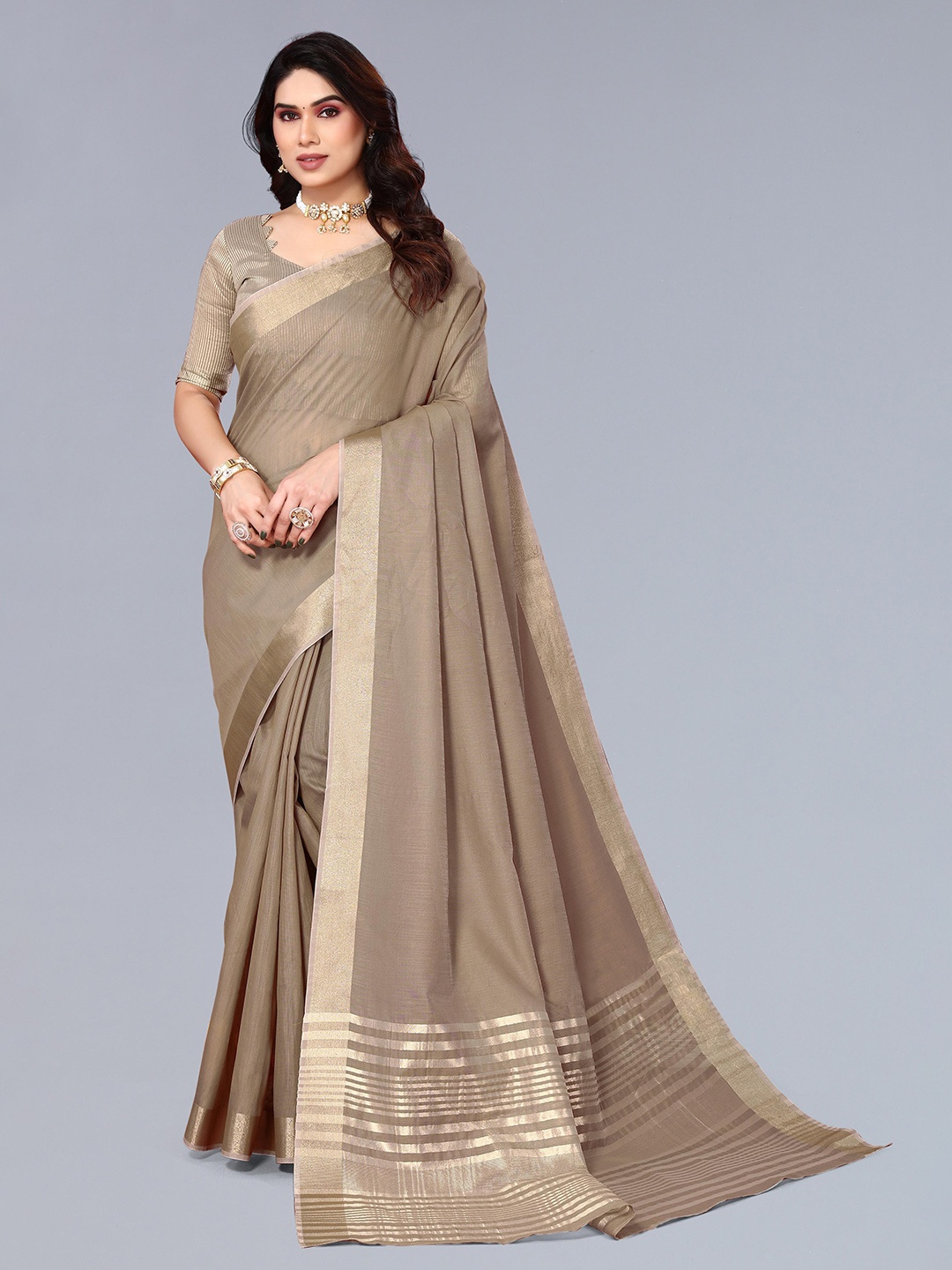 

VASTRA-THE FACTORY STORE Woven Design Zari Border Saree, Brown