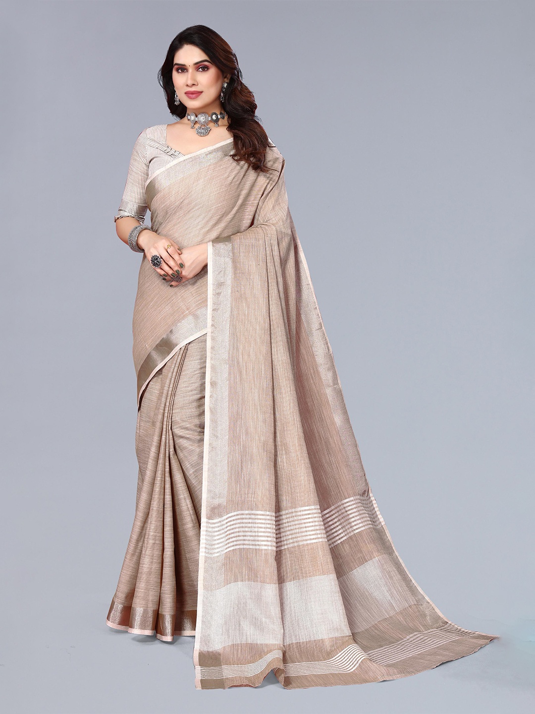 

VASTRA-THE FACTORY STORE Woven Design Zari Border Saree, Brown