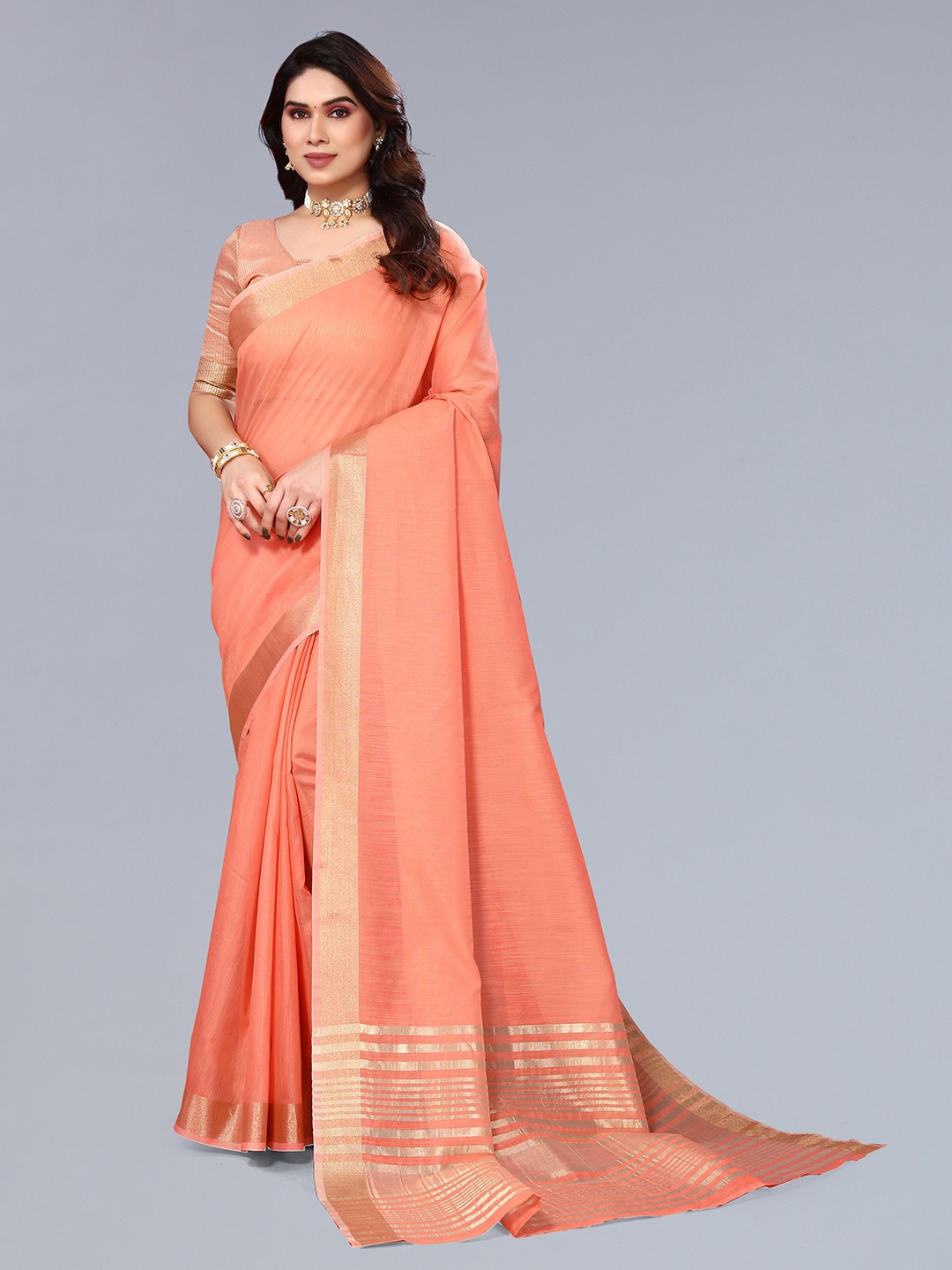 

VASTRA-THE FACTORY STORE Woven Design Zari Border Saree, Peach