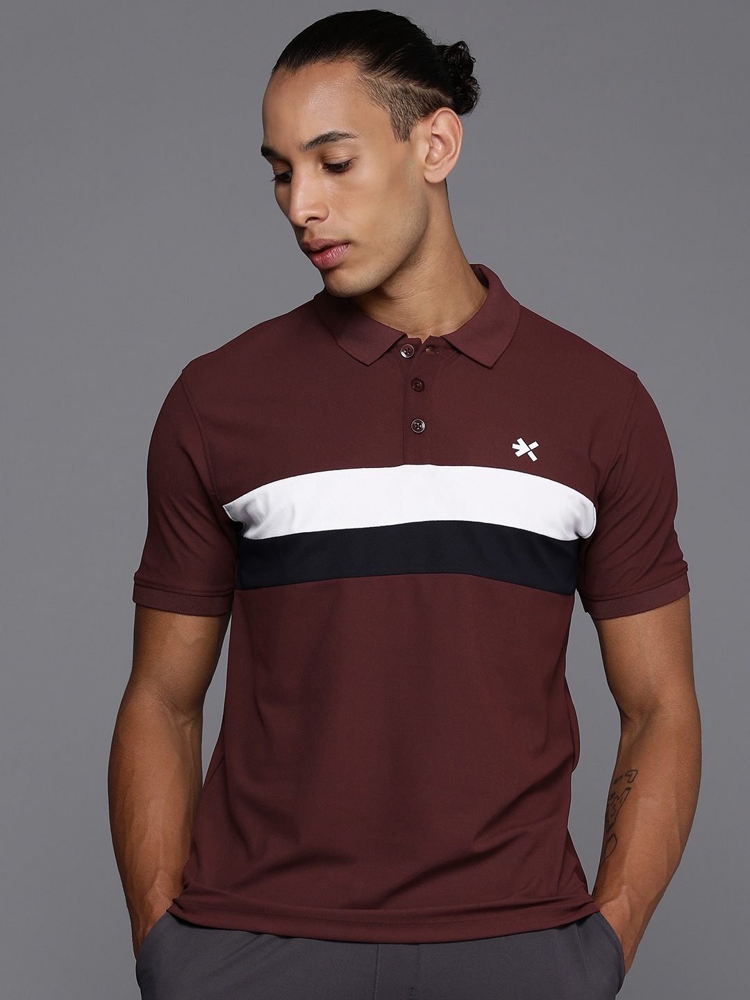 

HRX by Hrithik Roshan Men Striped Polo Collar Tennis T-shirt, Maroon