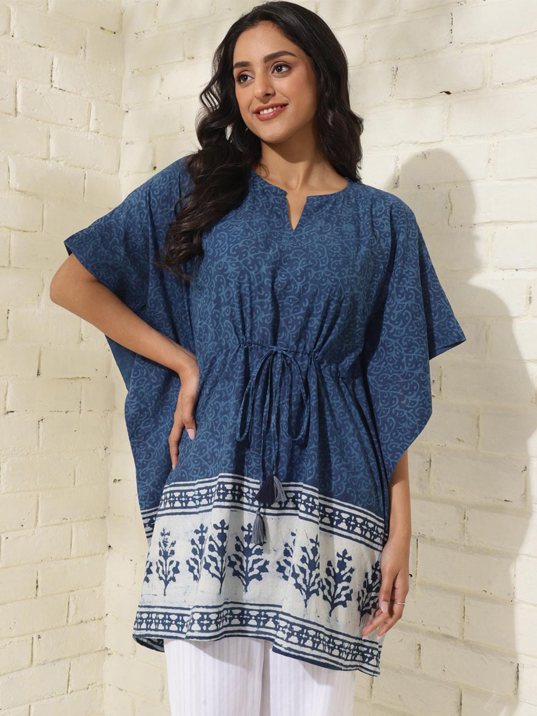 

Fabindia Floral Print Extended Sleeves Cotton Kaftan Top, Blue