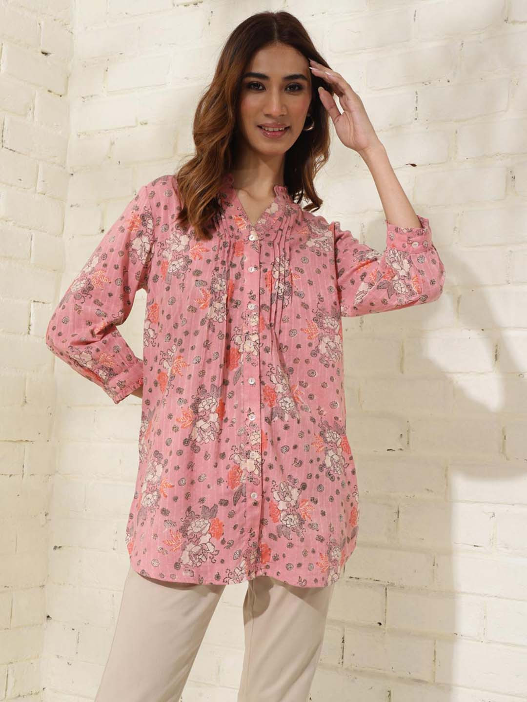 

Fabindia Floral Printed Mandarin Collar Tunic, Pink