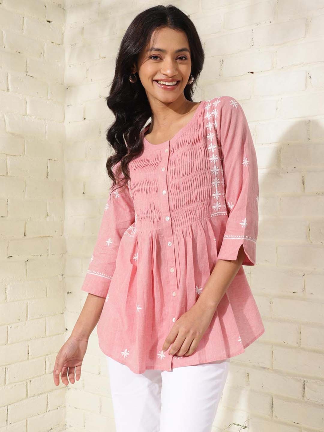 

Fabindia Embroidered Chikankari Round Neck Cotton Tunic, Pink