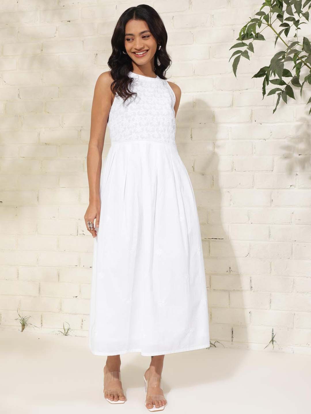 

Fabindia Chikankari Embroidered Cotton Round Neck A-Line Dress, White