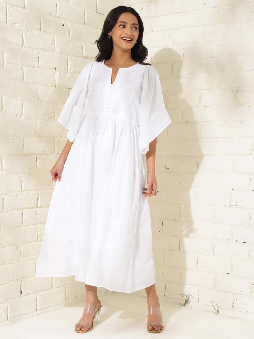

Fabindia Tie-Up Neck Flared Sleeve A-Line Maxi Dress, White