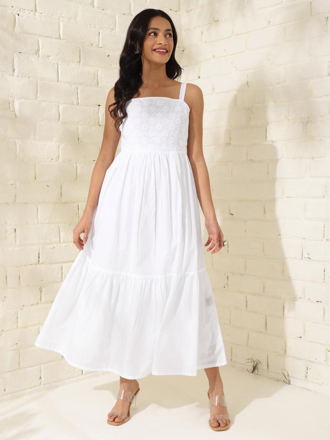 

Fabindia Chikankari Embroidered Cotton Shoulder Strap Dress, White