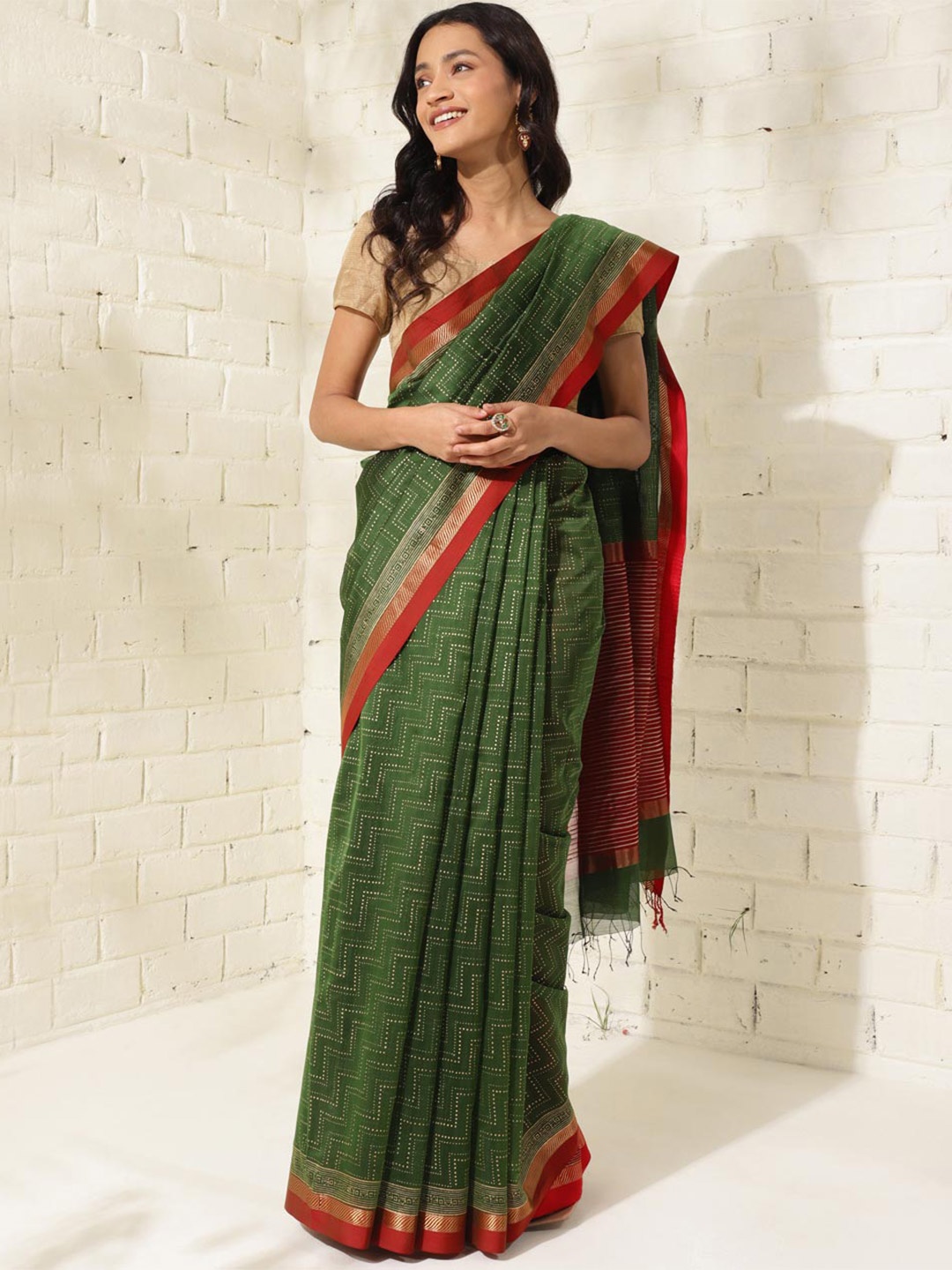 

Fabindia Geometric Printed Zari Pure Cotton Saree, Green