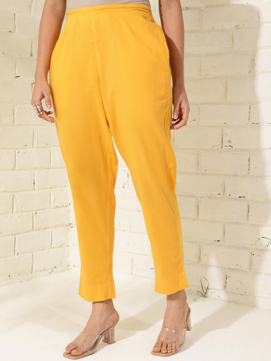 

Fabindia Women Ankle Length High-Rise Regular Trousers, Mustard