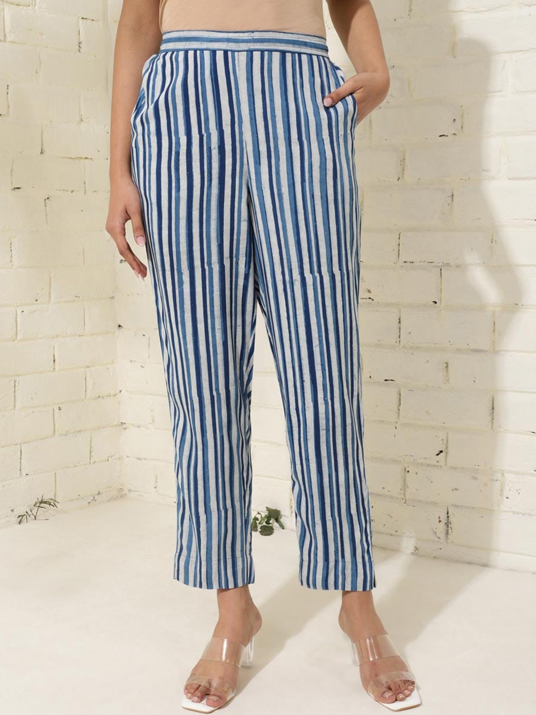 

Fabindia Women Striped Printed Mid-Rise Regular Fit Trousers, Blue