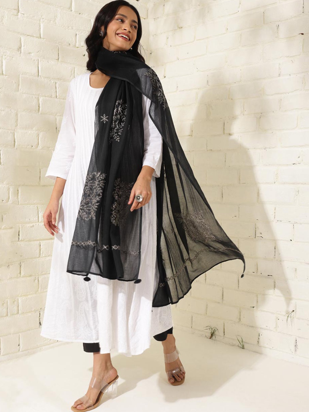

Fabindia Ethnic Motifs Embroidered Cotton Silk Dupatta, Black