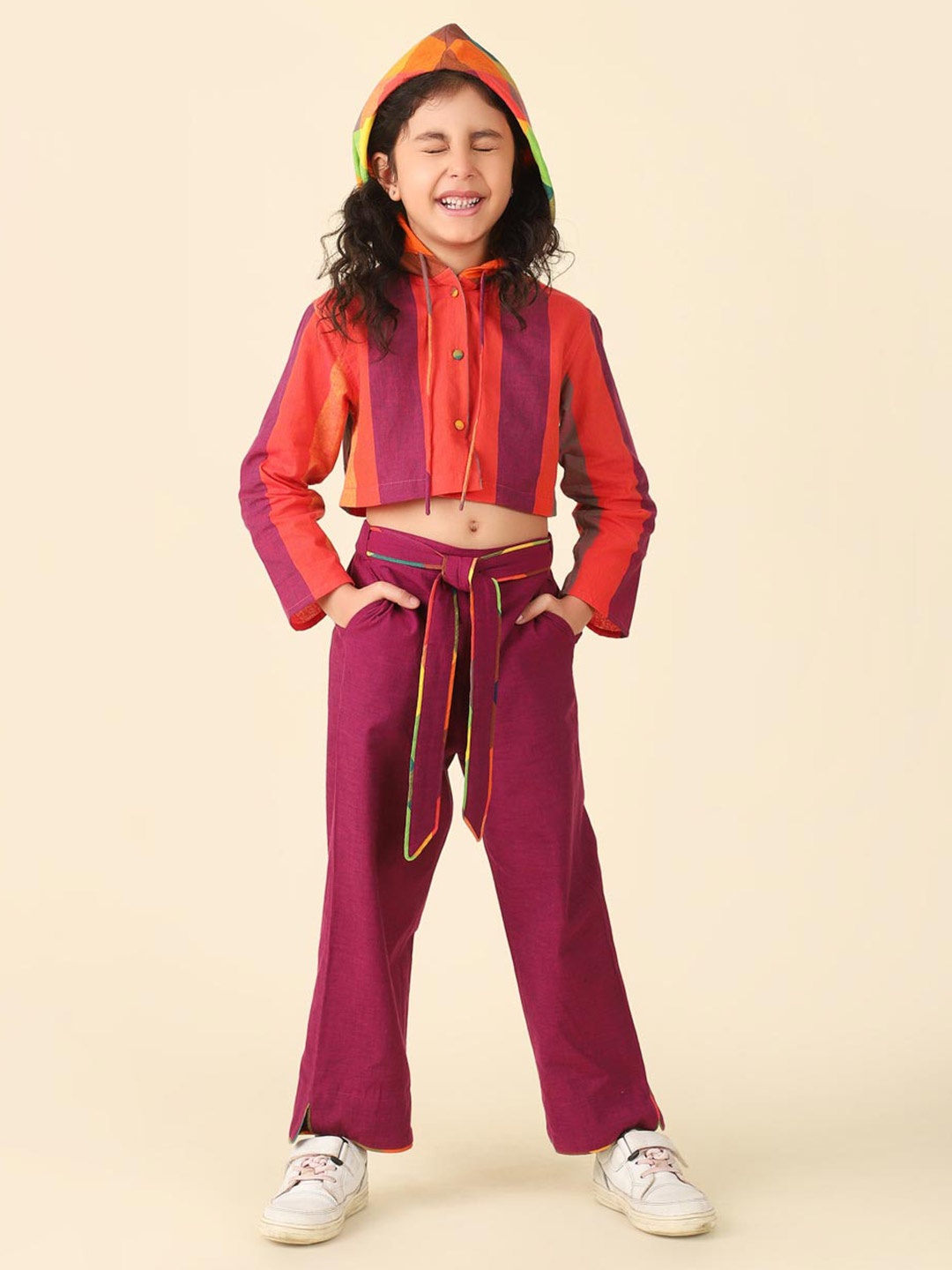 

Fabindia Girls Striped Hooded Pure Cotton Crop Shirt with Trousers, Orange