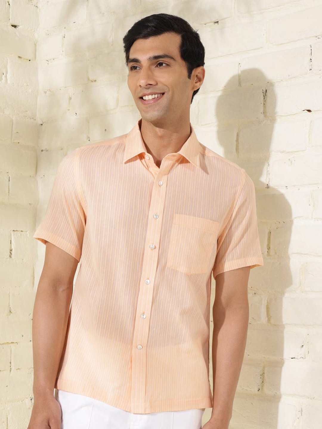 

Fabindia Striped Self Design Cotton Casual Shirt, Peach