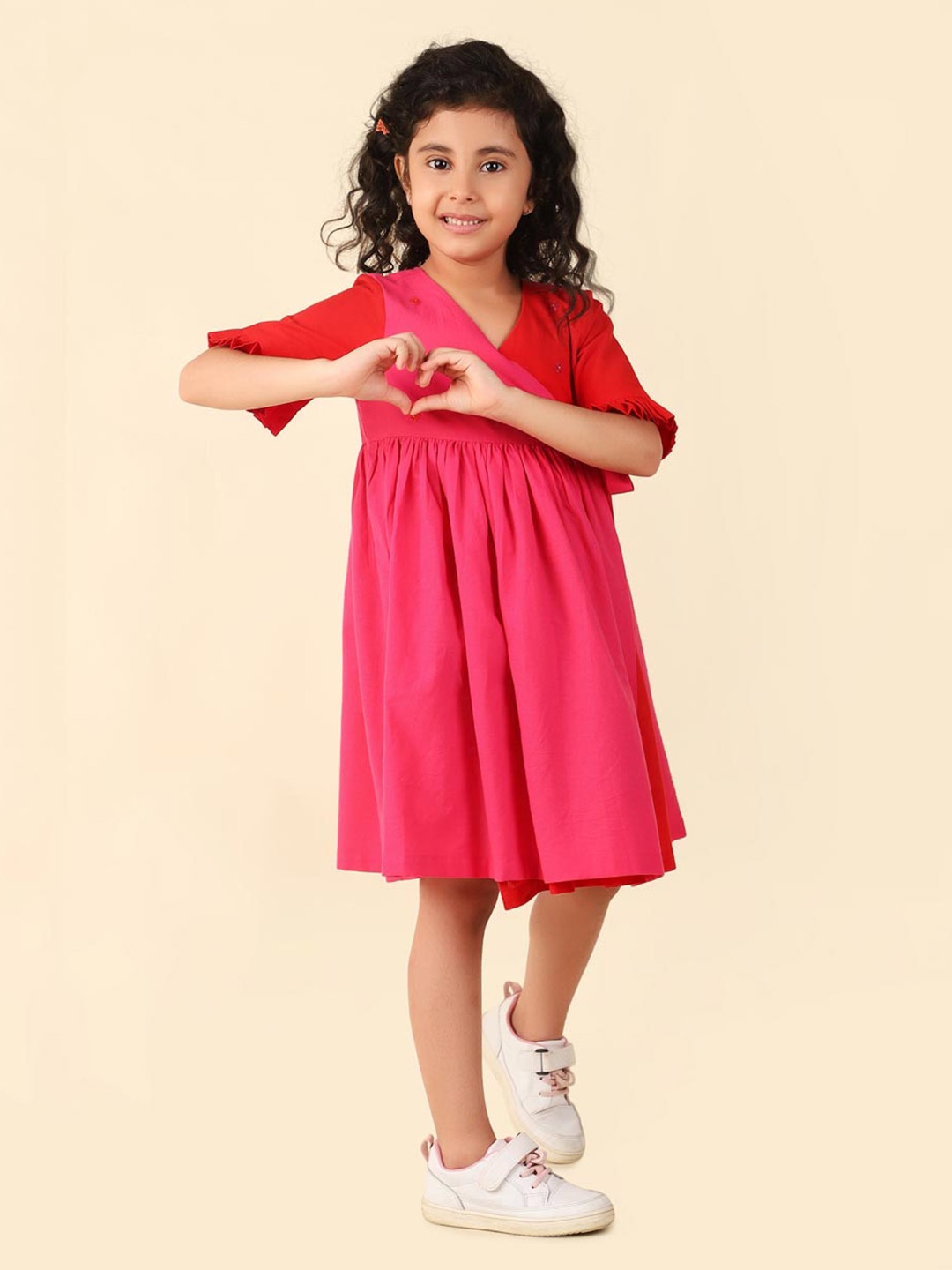 

Fabindia Girls Floral Embroidered Cotton Fit & Flare Dress, Fuchsia