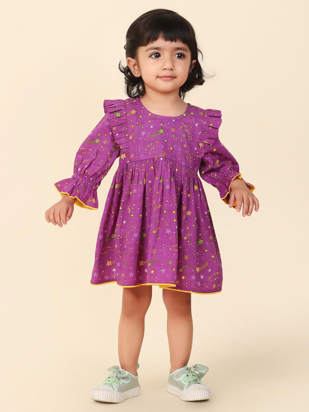 

Fabindia Girls Floral Printed Round Neck A-Line Dress, Purple