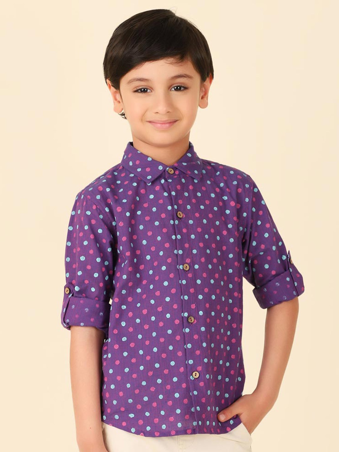 

Fabindia Boys Polka Dot Printed Spread Collar Cotton Opaque Casual Shirt, Purple