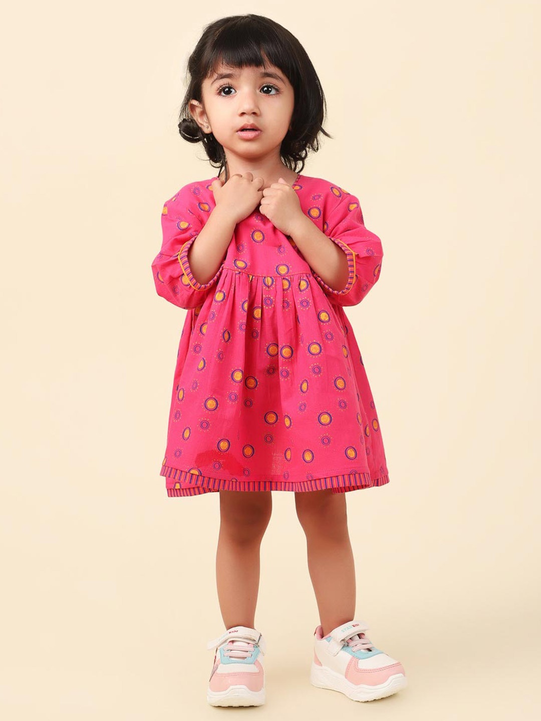 

Fabindia Girls Floral Printed Round Neck Fit & Flare Dress, Pink