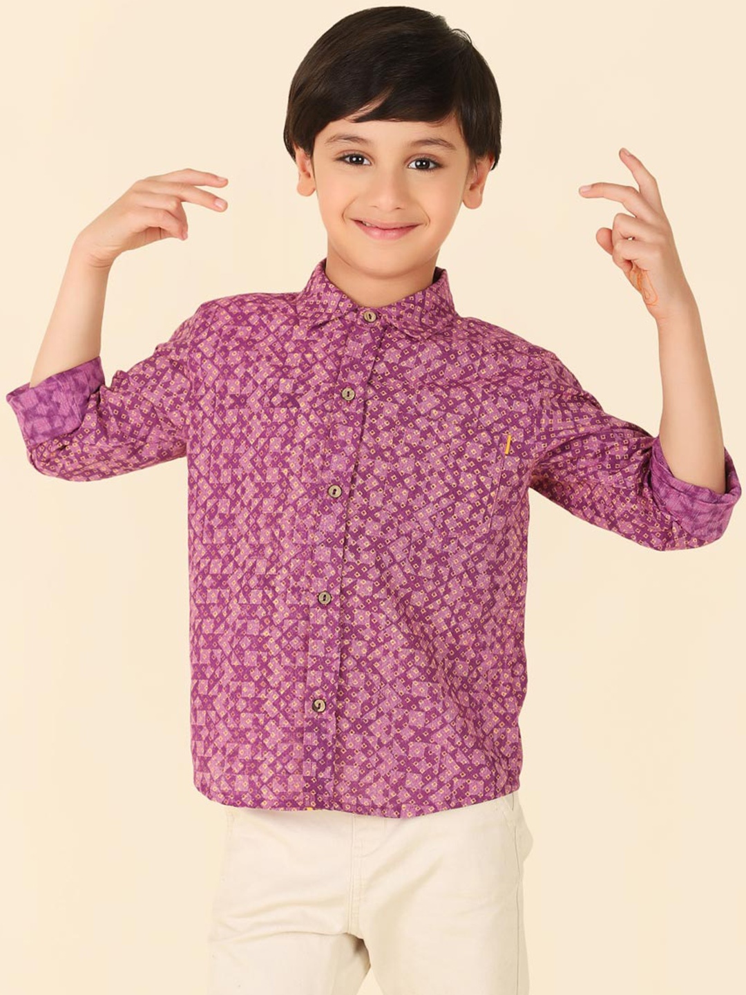 

Fabindia Boys Geometric Printed Spread Collar Cotton Opaque Casual Shirt, Purple