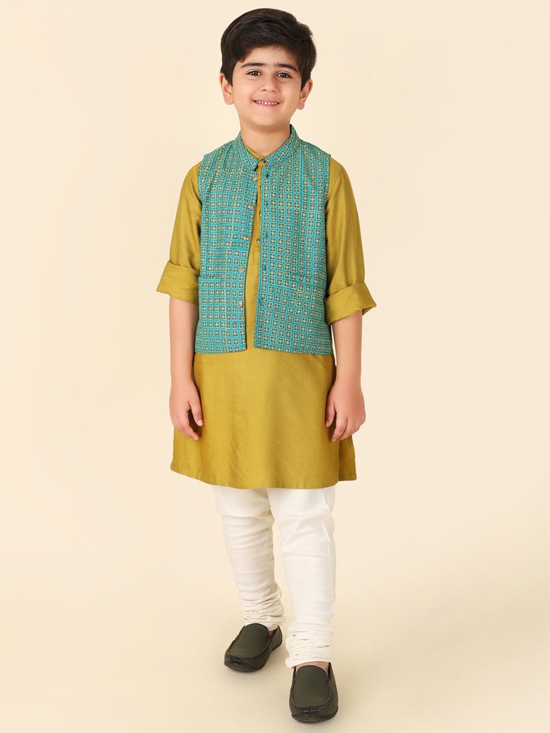 

Fabindia Boys Band Collar Straight Kurta & Churidar With Nehru Jacket, Mustard