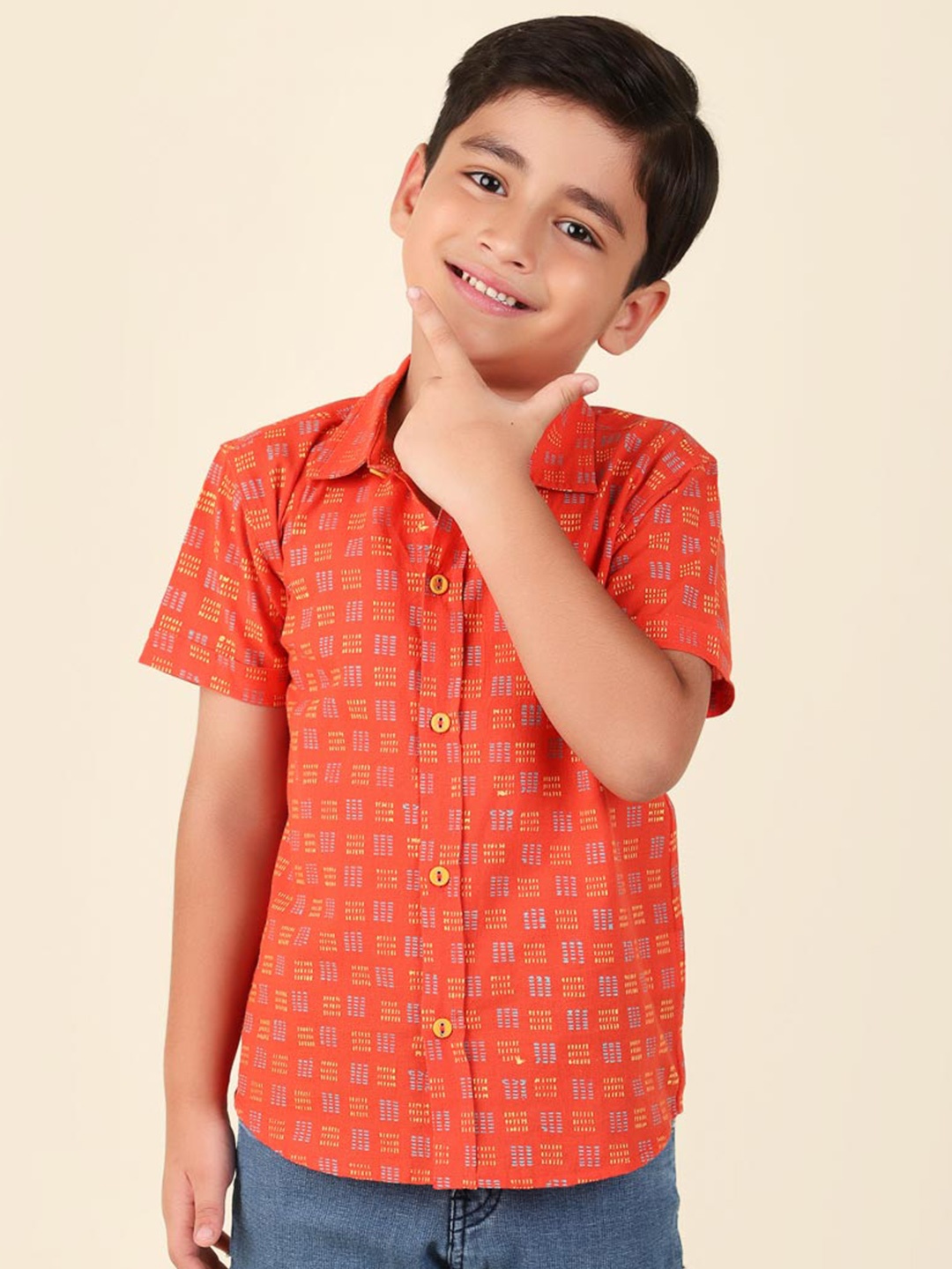 

Fabindia Boys Geometric Printed Spread Collar Cotton Opaque Casual Shirt, Orange