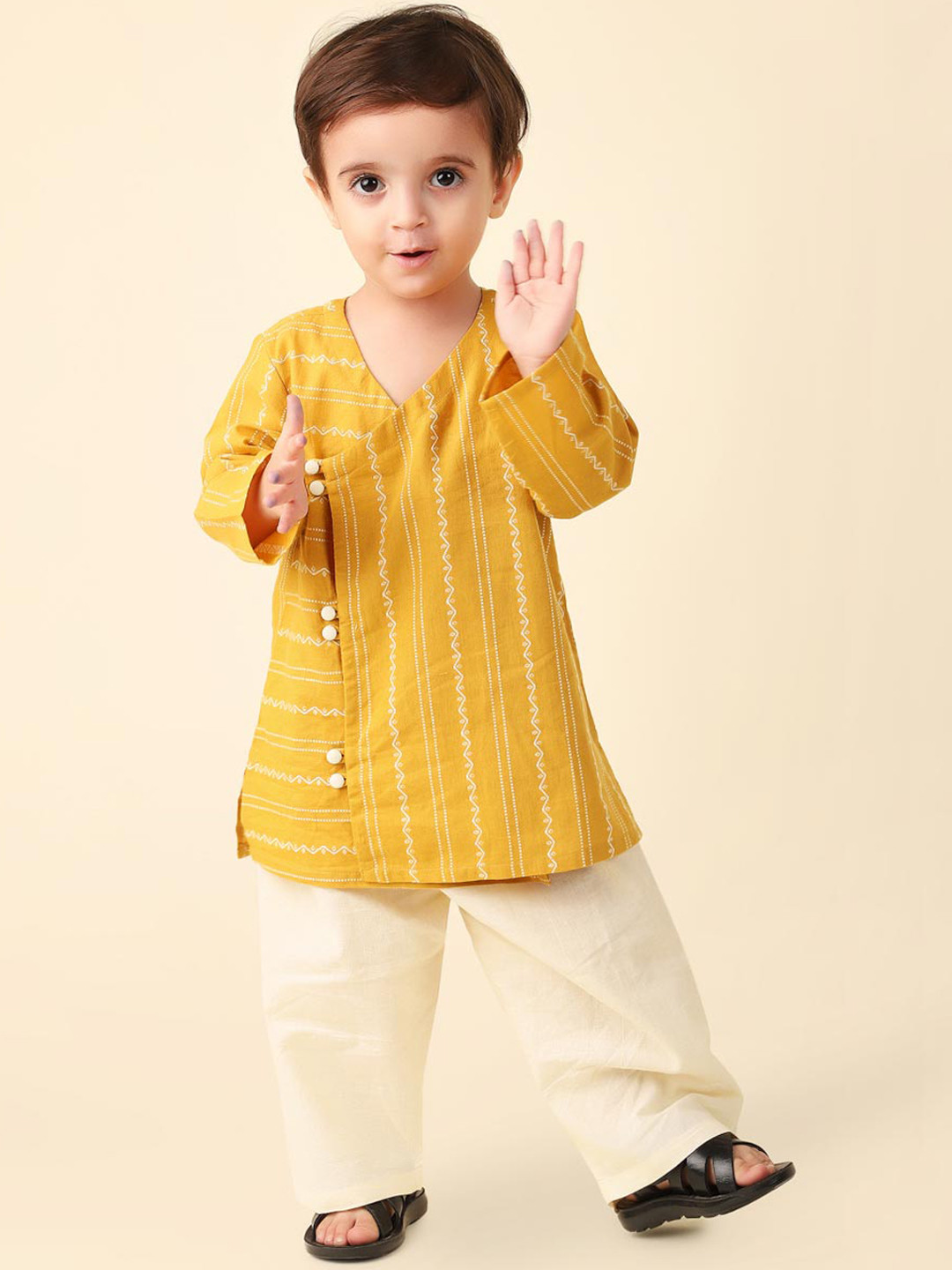

Fabindia Infant Boys Woven Design Pure Cotton Angrakha Kurta with Pyjamas, Yellow