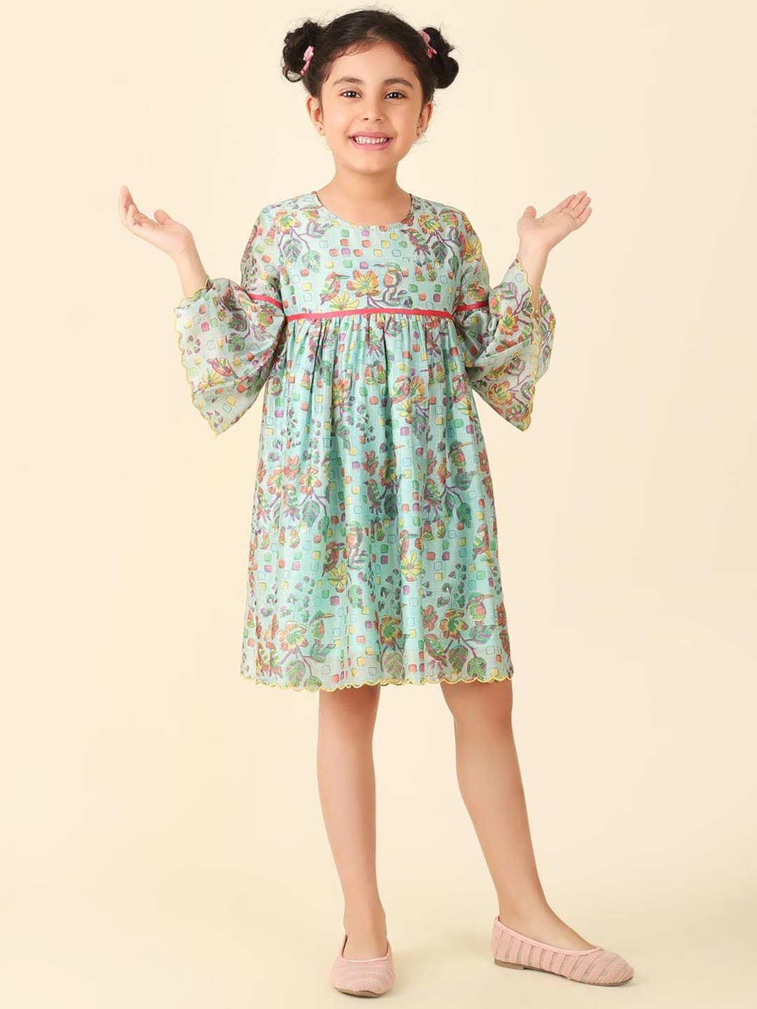 

Fabindia Girls Floral Printed Round Neck Bell Sleeve A-Line Dress, Teal