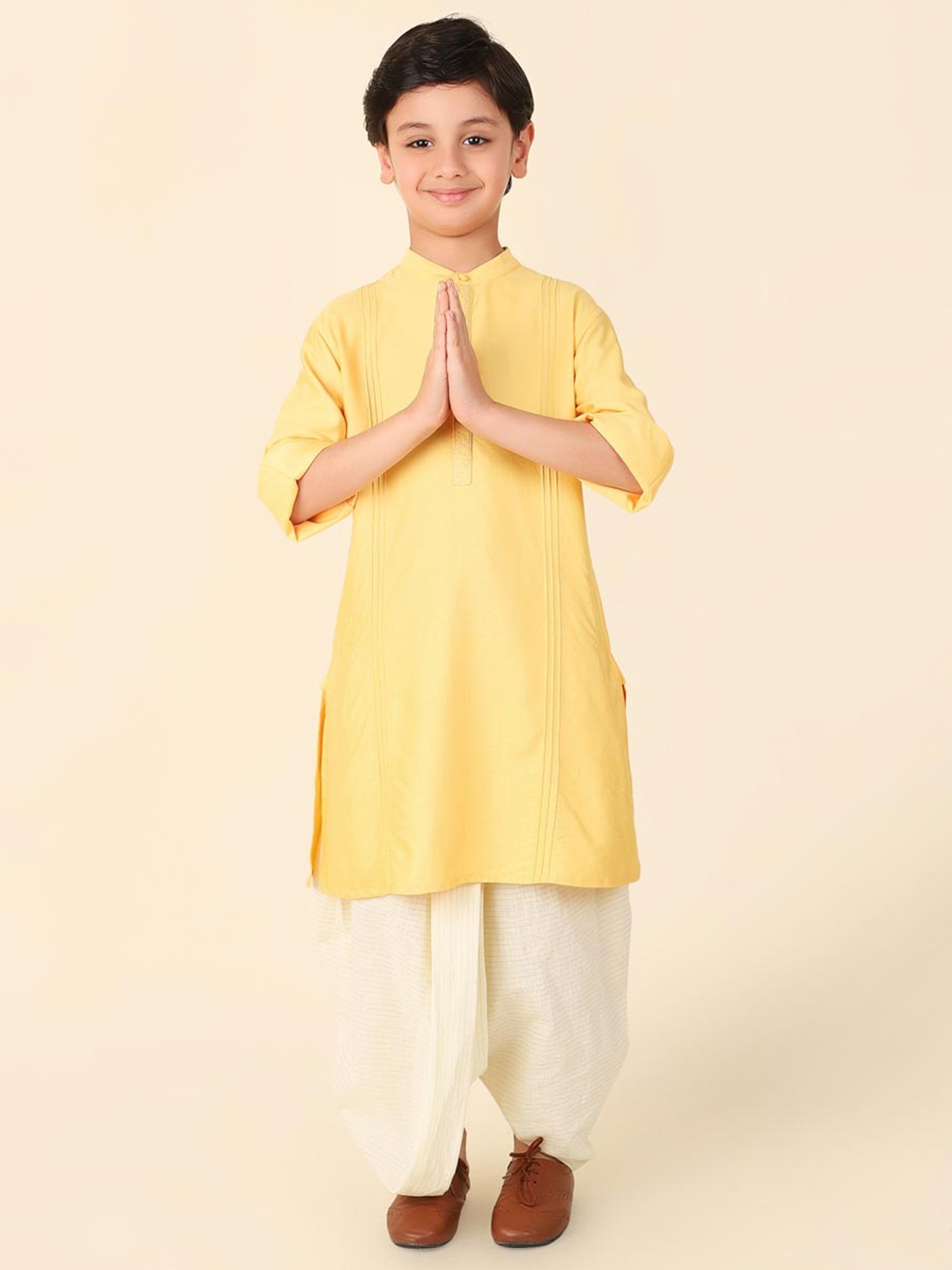 

Fabindia Boys Mandarin Collar Thread Work Kurta with Dhoti Pants, Yellow