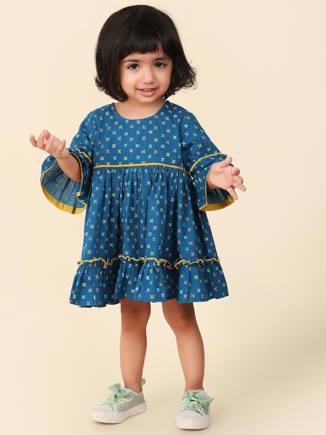 

Fabindia Polka Dot Print Cotton Puff Sleeve A-Line Dress, Blue