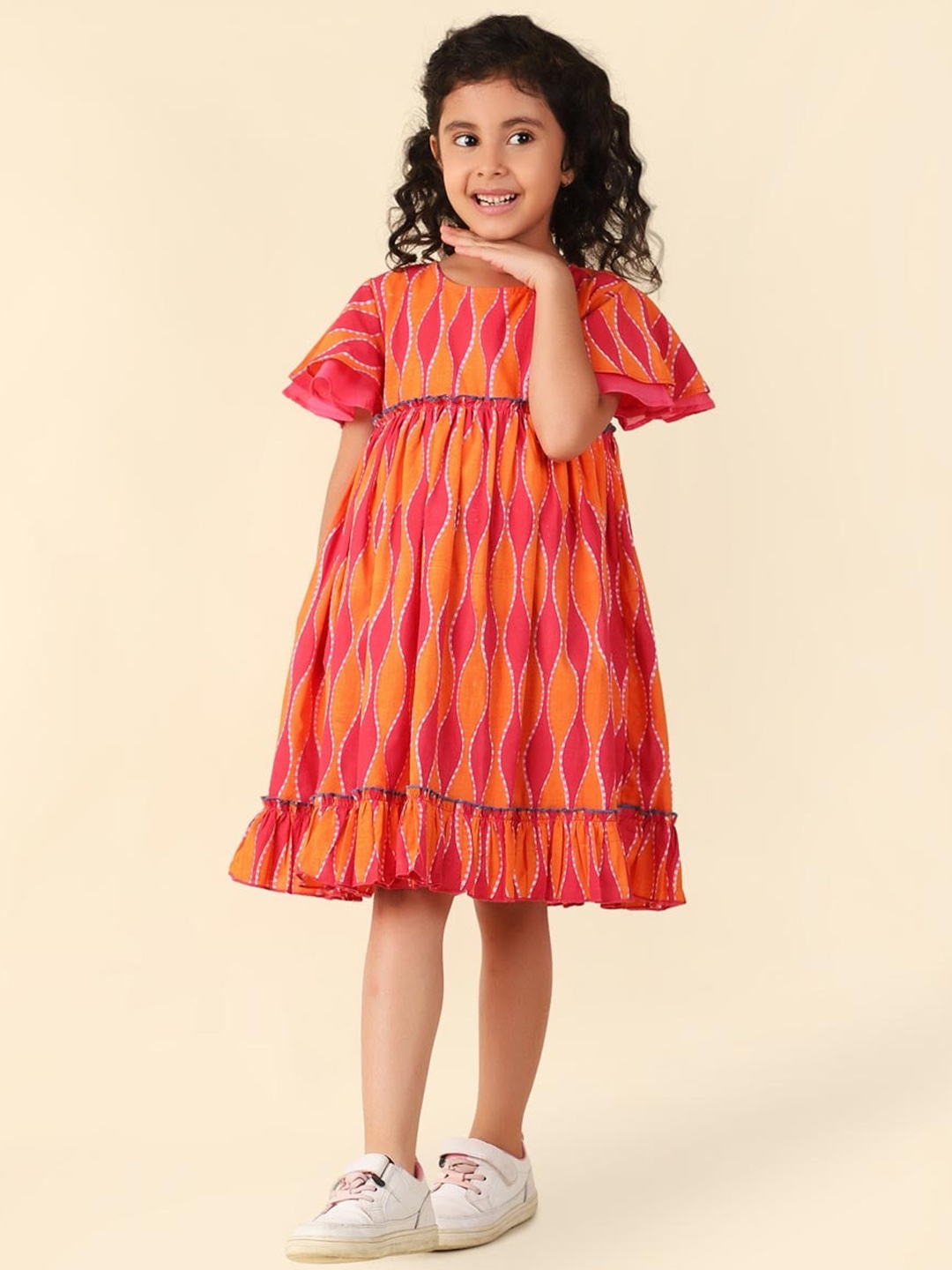 

Fabindia Ethnic Motifs Print Cotton Flared Sleeve A-Line Dress, Pink