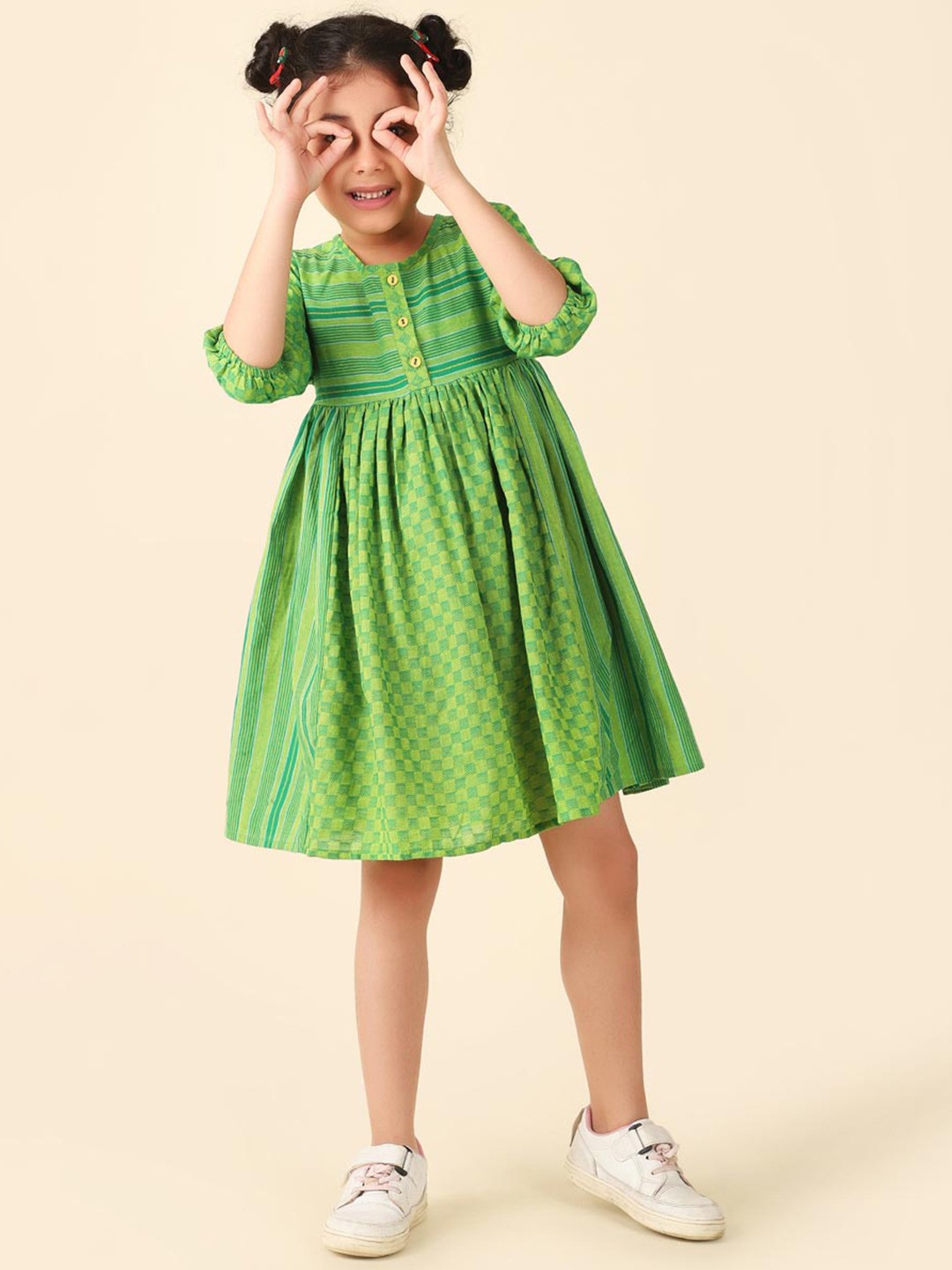 

Fabindia Cotton Striped Puff Sleeve Fit & Flare Dress, Green