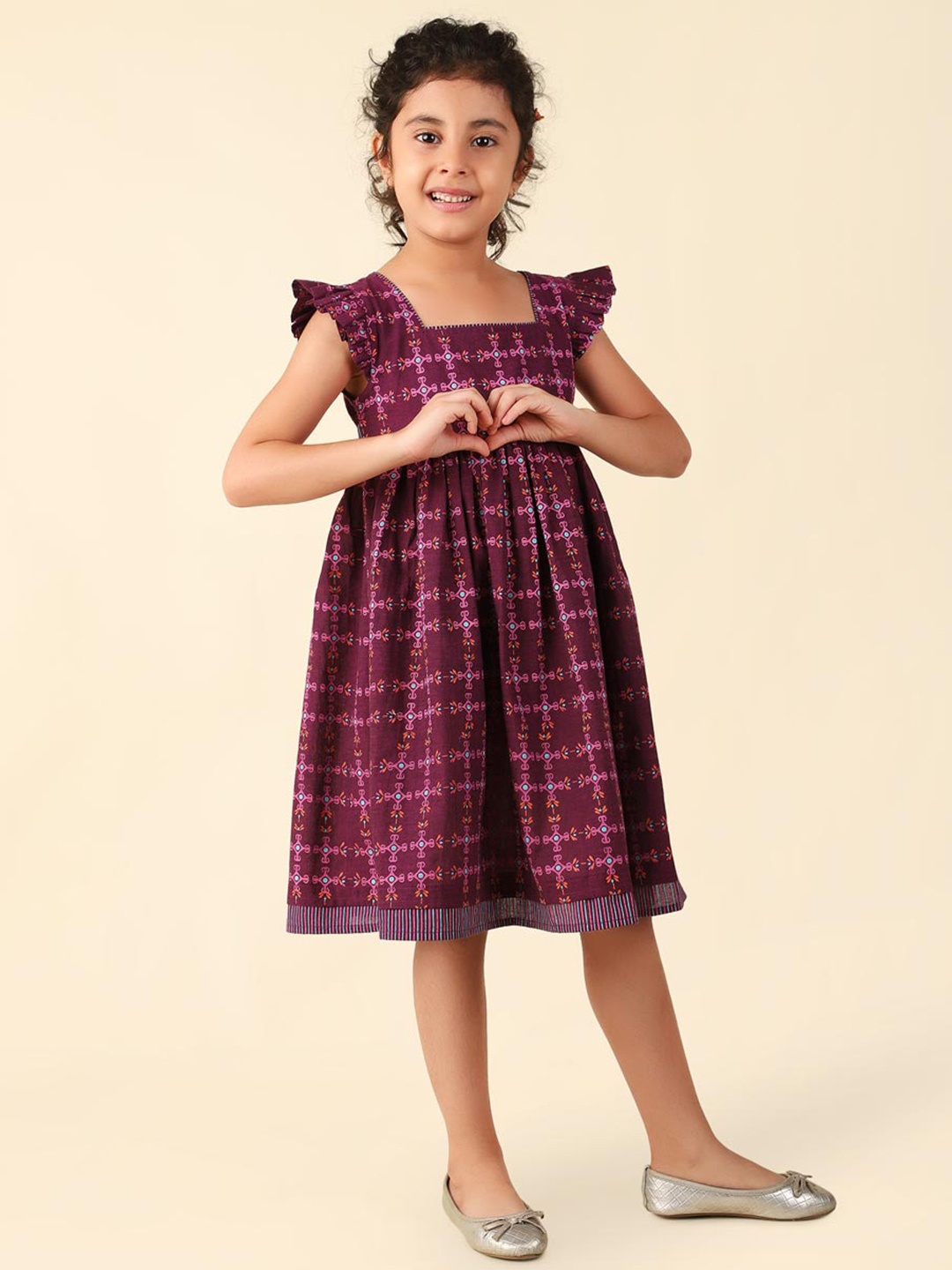 

Fabindia Cotton Checked Flutter Sleeve Fit & Flare Dress, Purple