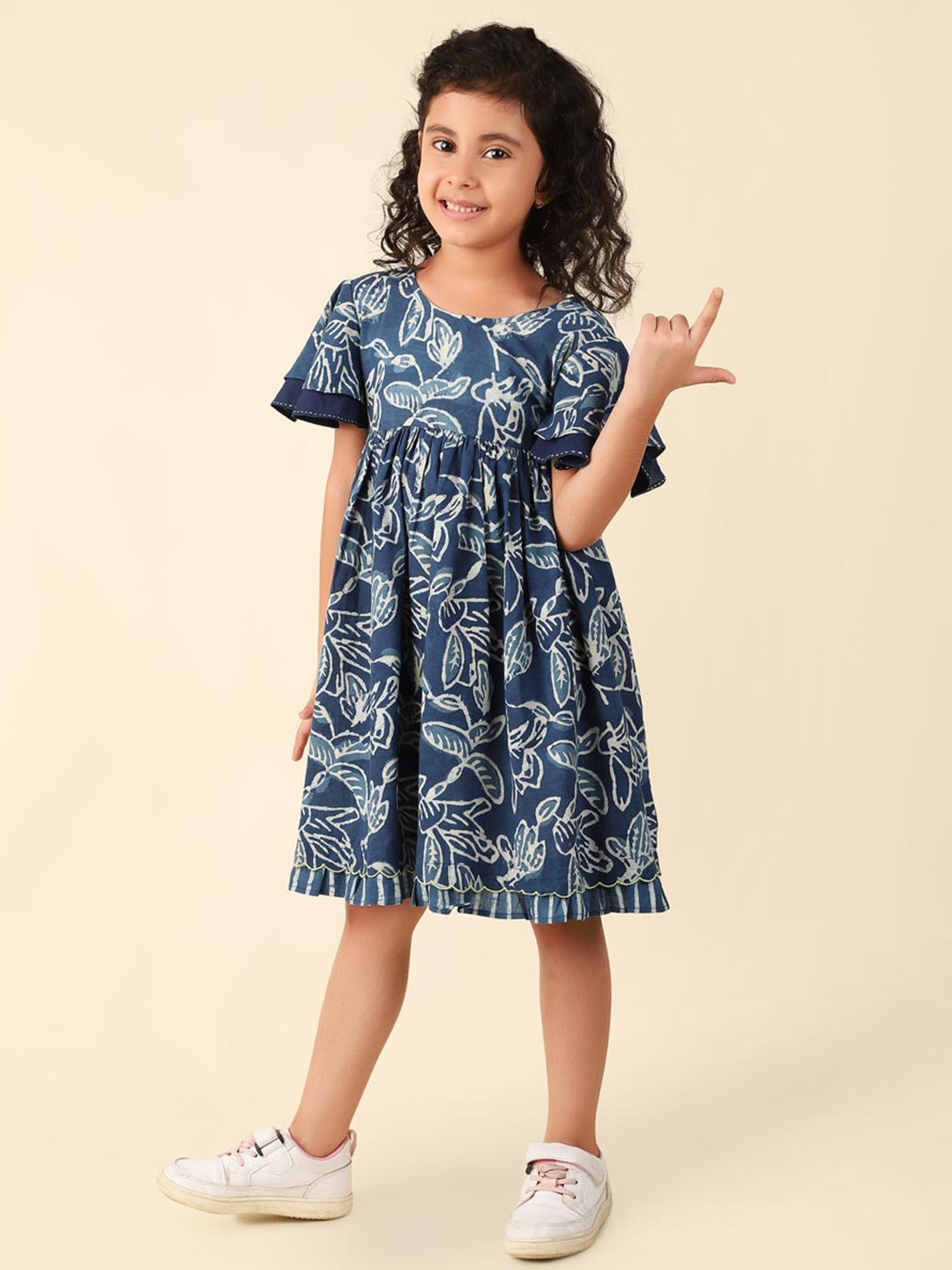 

Fabindia Cotton Floral Printed A-Line Dress, Blue