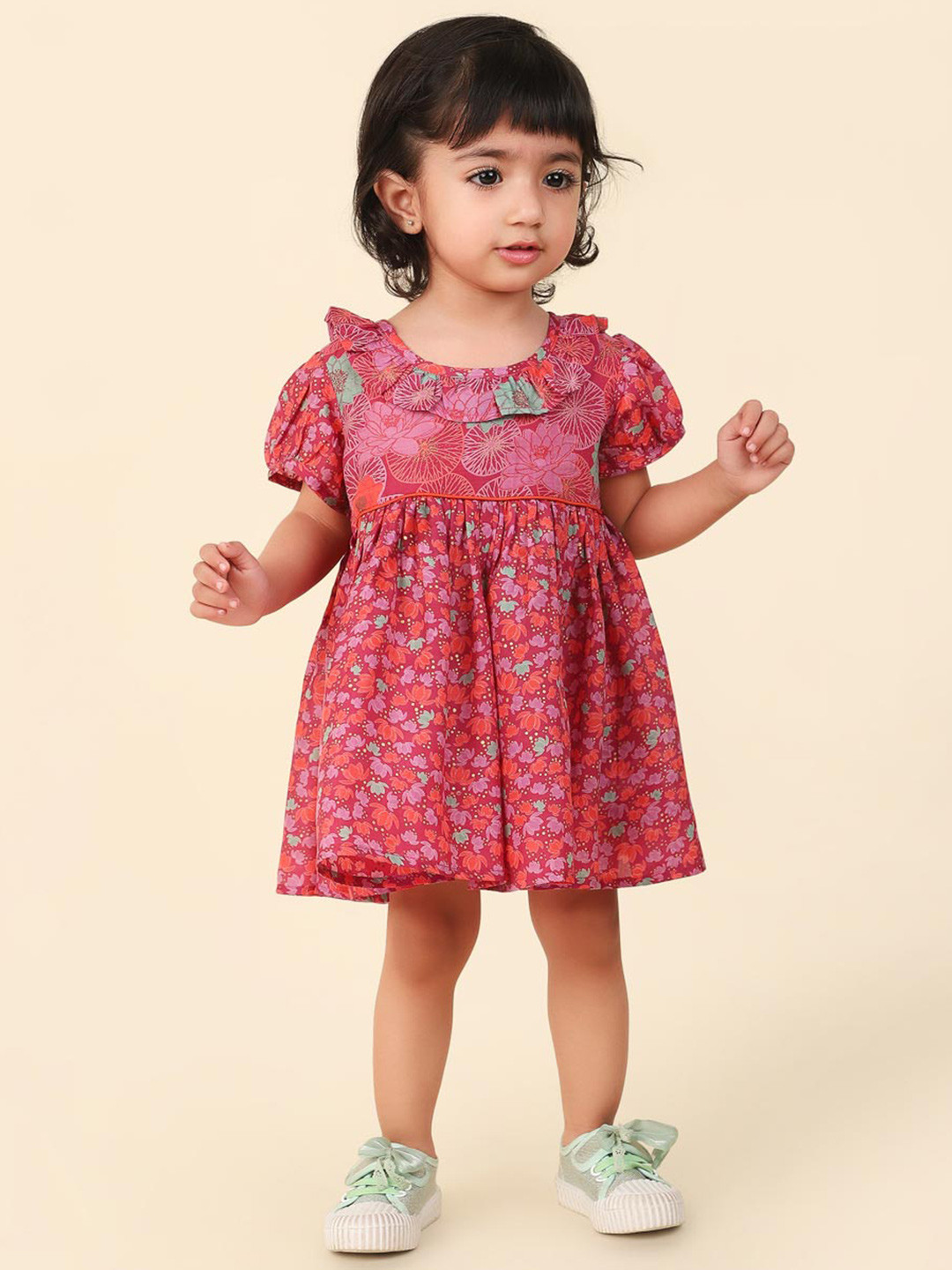 

Fabindia Floral Print Puff Sleeves Fit & Flare Dress, Pink